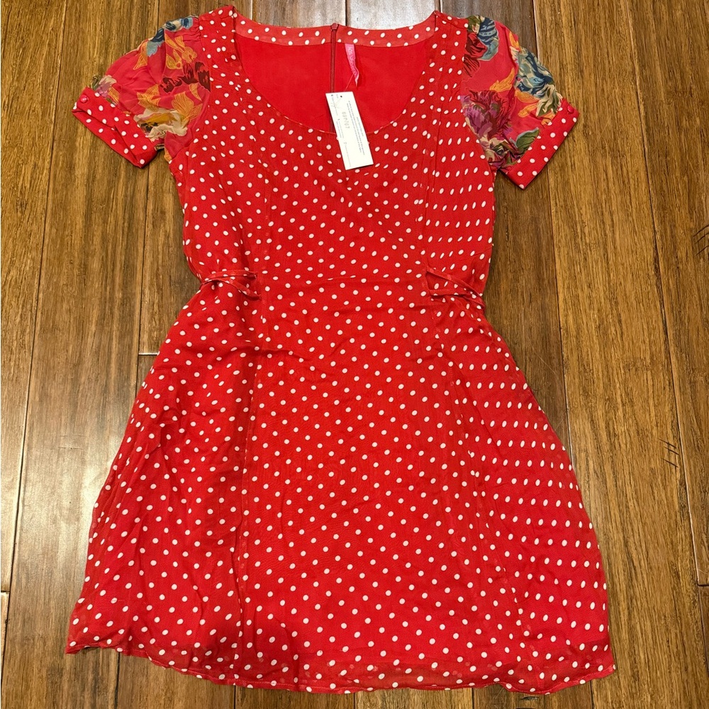 Fashion Spy Red Polka Dot Dress with Floral Sleeves